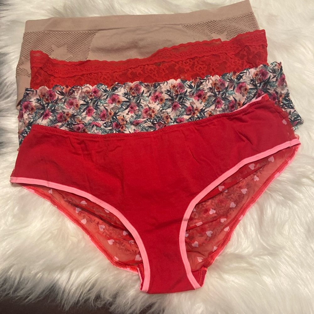 Victoria’s Secret panty lot bundle of 4 red lace and red hearts tan and floral L